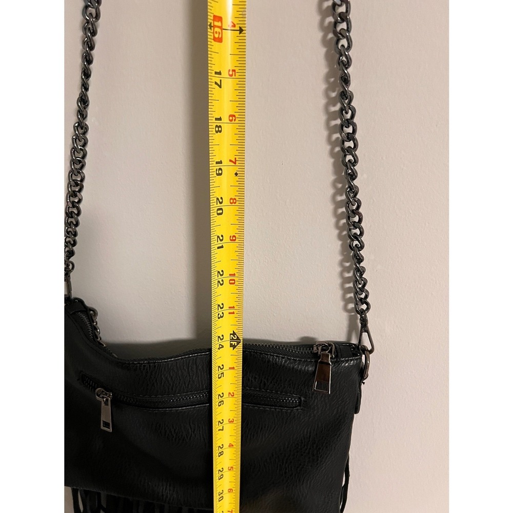 MMS Black Fringe Crossbody Bag Small Faux Leather Gunmetal Chain Boho Rockstar - Picture 7 of 11